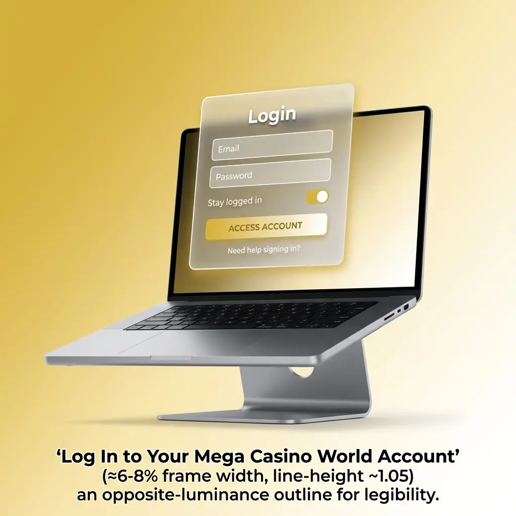 Mega Casino World login page showing email, password fields and two-factor verification steps for returning players
